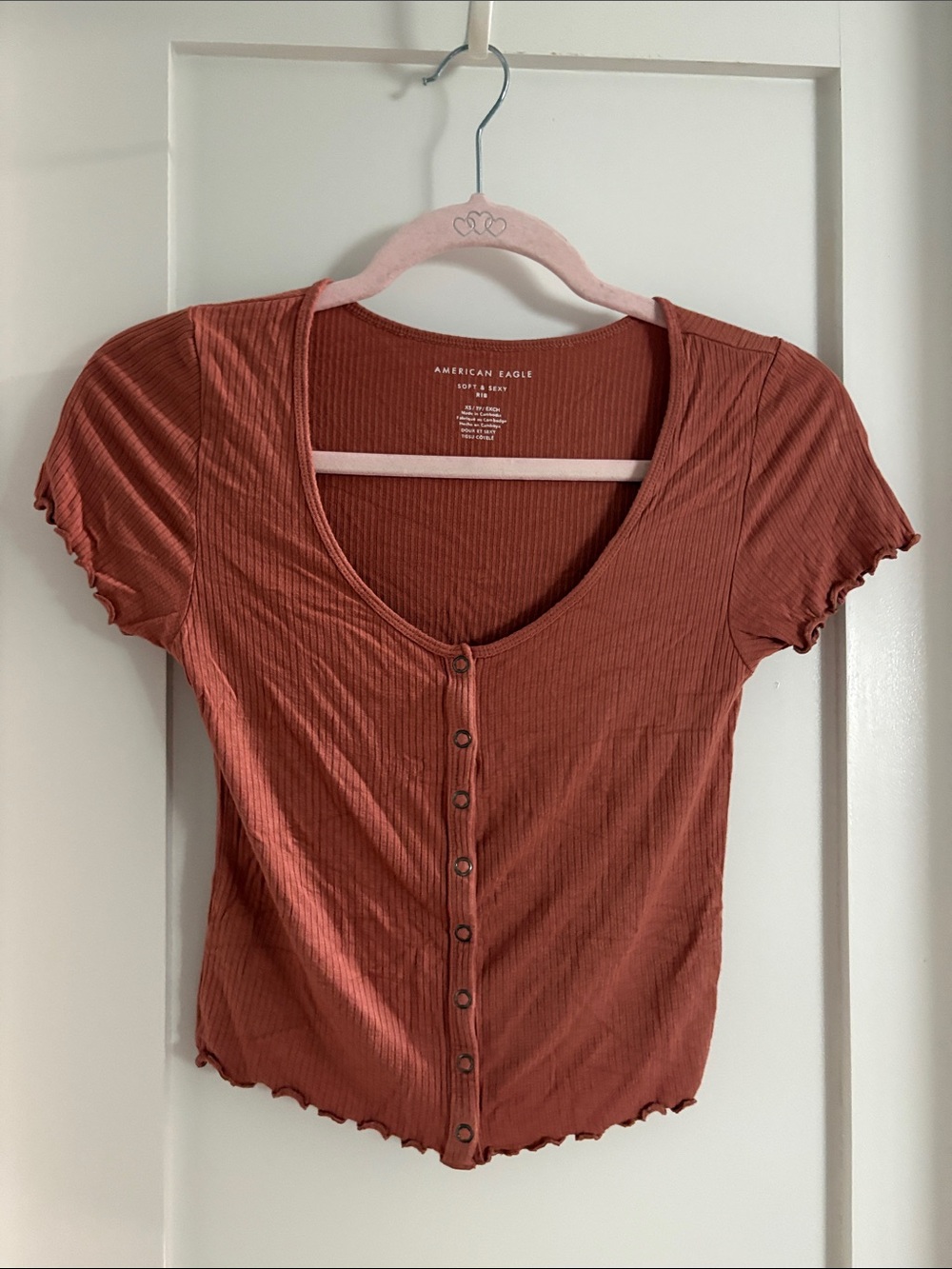 American Eagle Outfitters Rusty Terracotta Ribbed Button-Front Crop Top